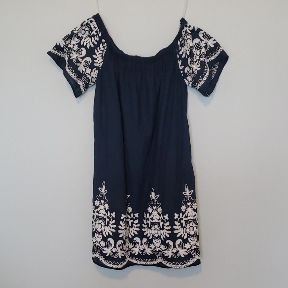 Embroidered Navy Off Shoulder Dress